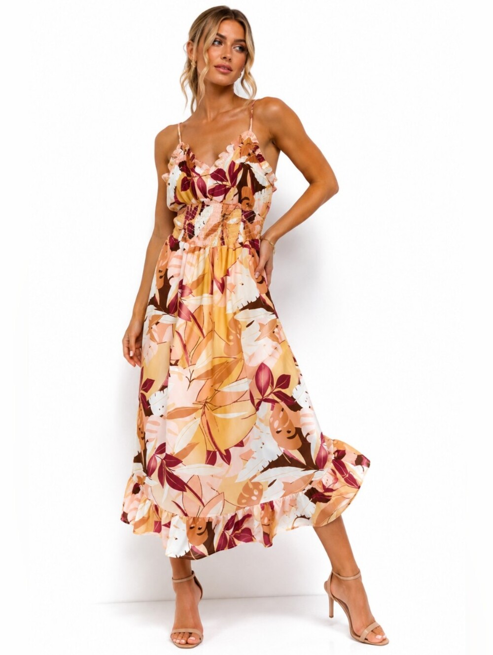Sienna Sky Floral Ruffle Midi Dress Size M NWT Tropical Summer